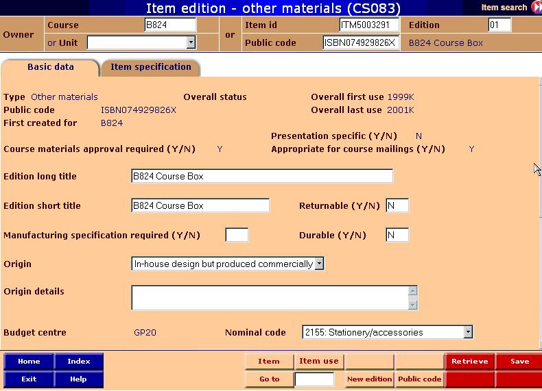 Item edition screen CS083